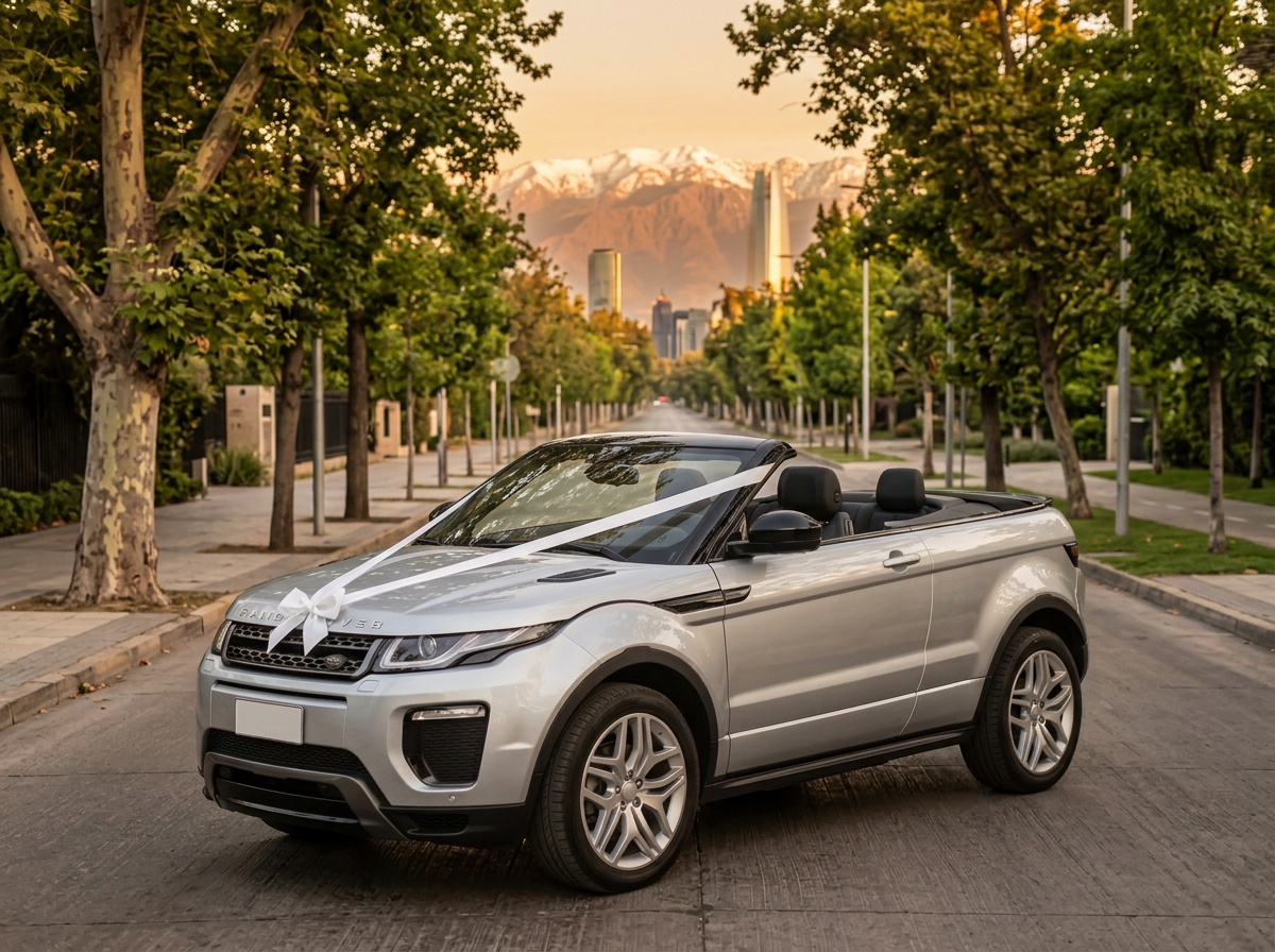 El convertible con cinta blanca en una avenida de Santiago con la cordillera de los Andes al atardecer
