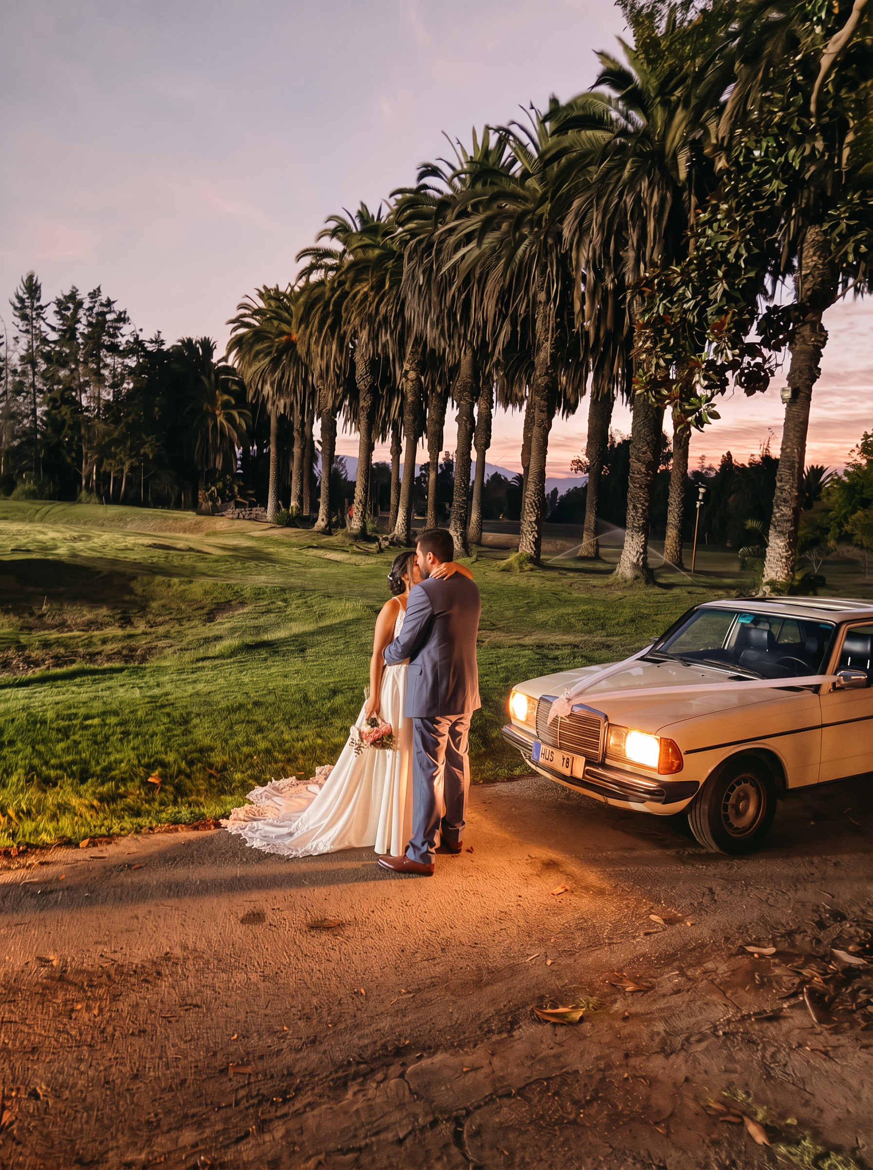 Mercedes-Benz 230 E blanco con cinta blanca, junto a los novios al atardecer
