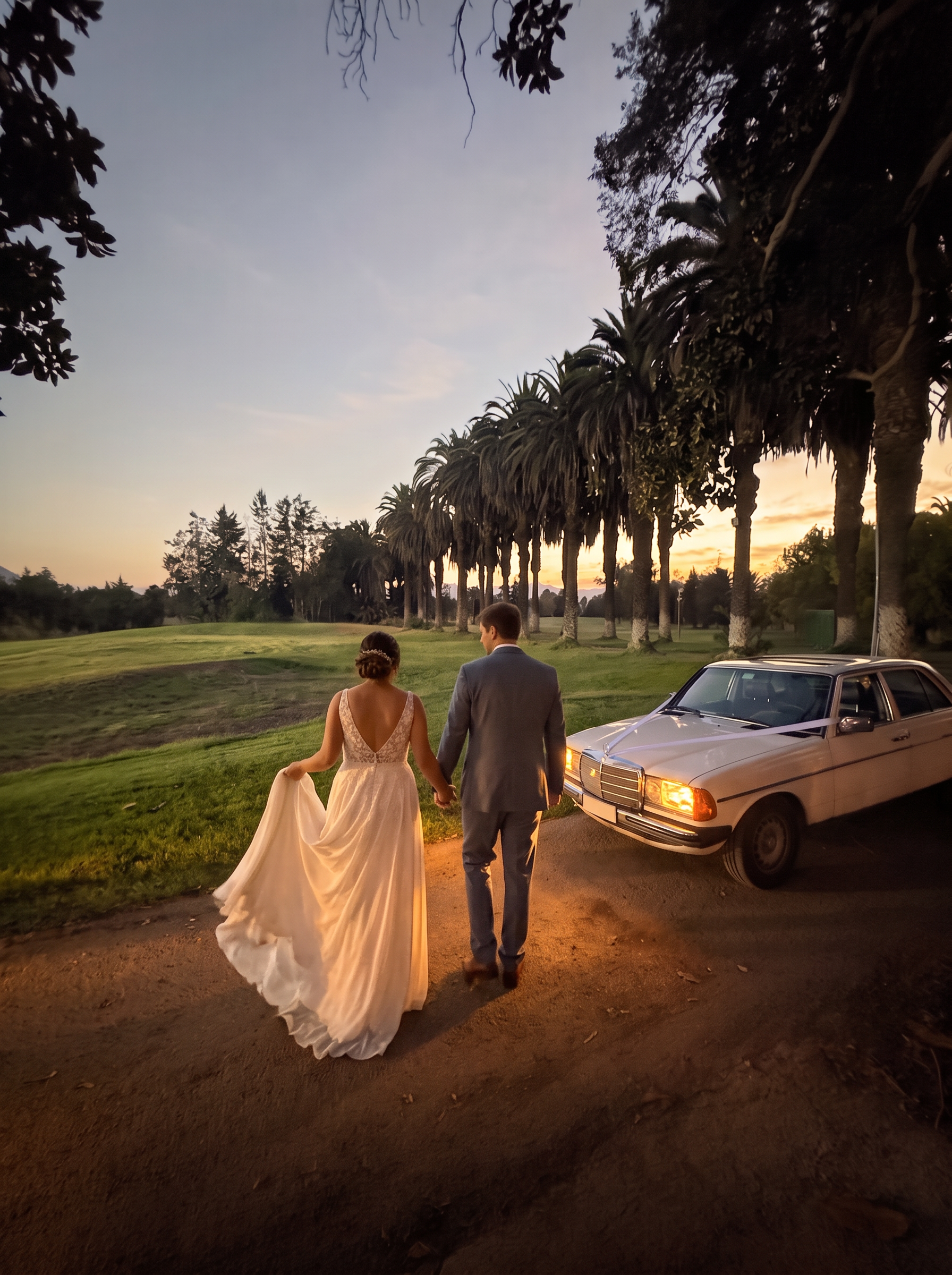 Los novios caminando hacia el Mercedes-Benz 230 E blanco con cinta blanca