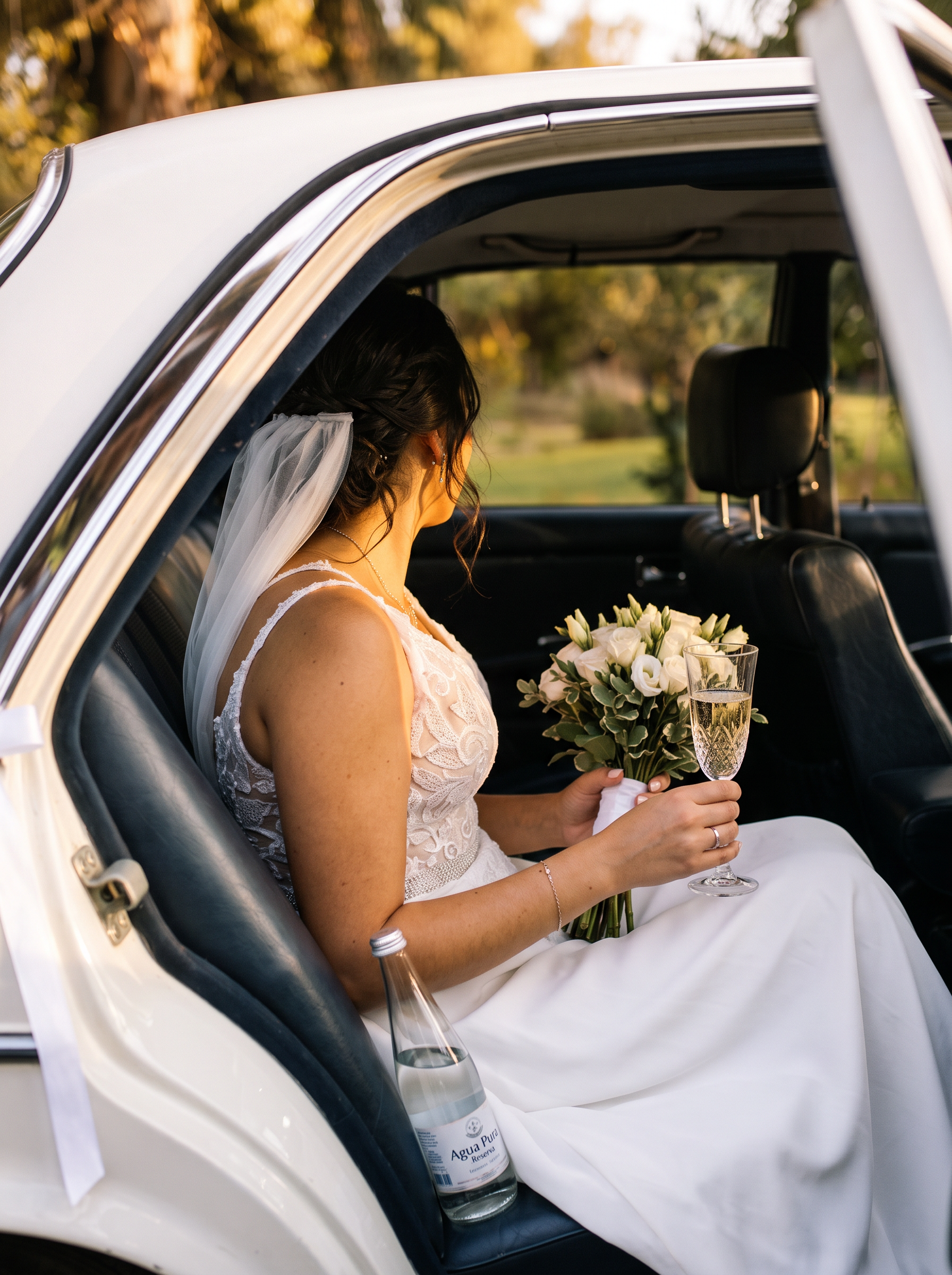 Novia sentada en el Mercedes-Benz 230 E con una copa y su ramo de rosas blancas, de espaldas a la cámara