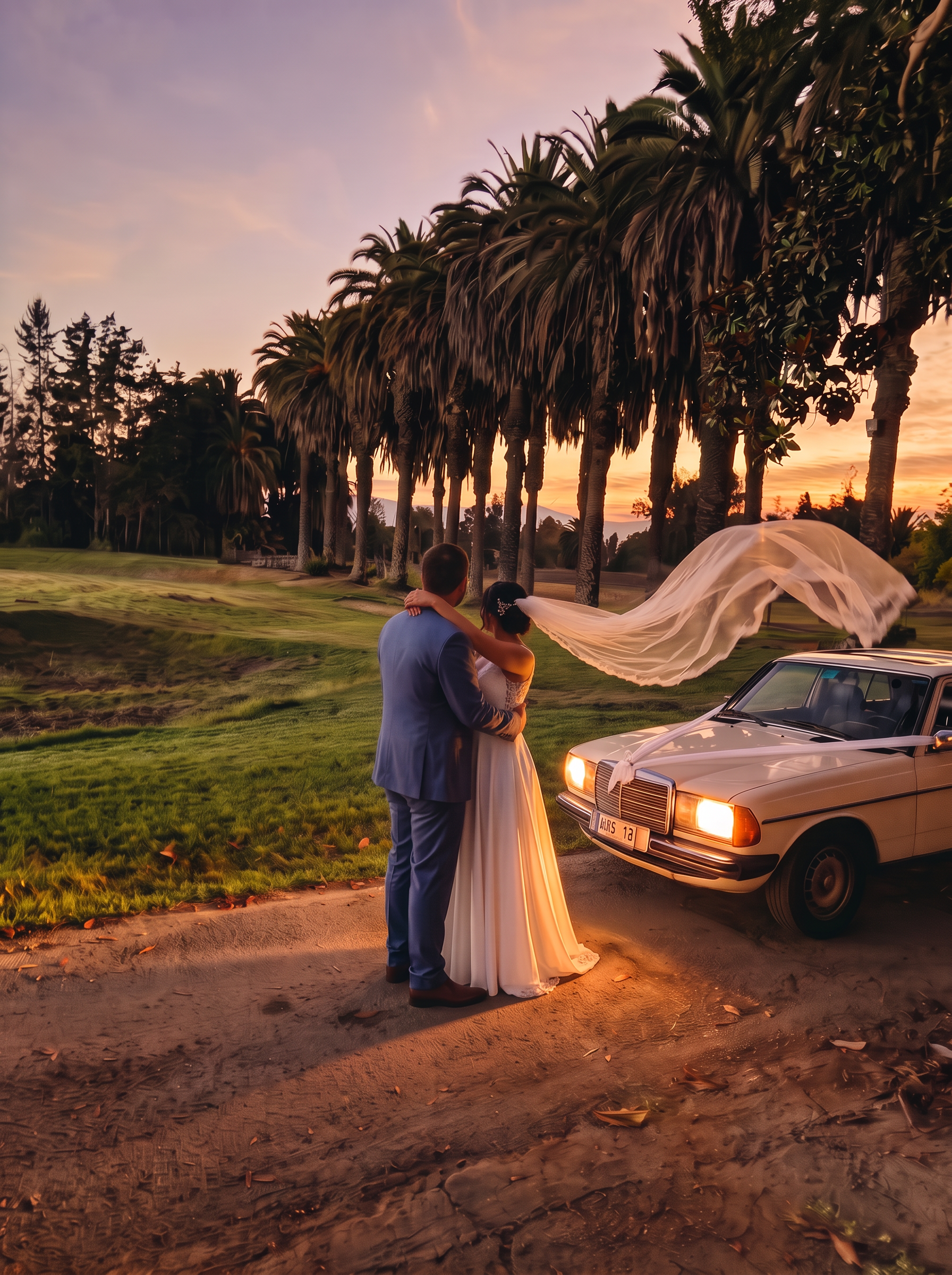 Los novios abrazados de espaldas junto al Mercedes-Benz 230 E blanco al atardecer
